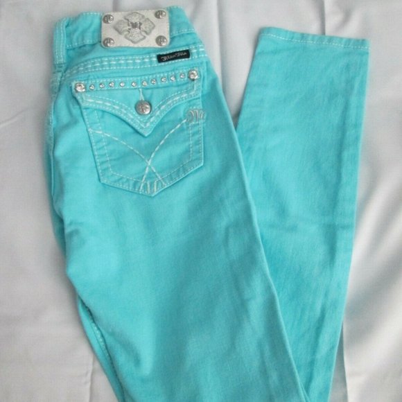 Miss Me Denim - MISS ME SKINNY AQUA EMBELLISHED POCKET JEANS SZ 27
